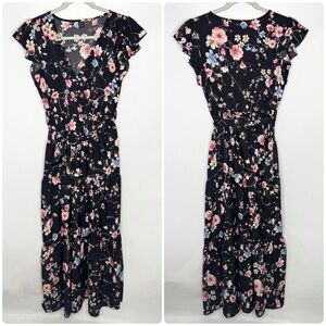 Shein Floral Black V-Neck Maxi Dress Flutter Sleeves Woman’s Size Large